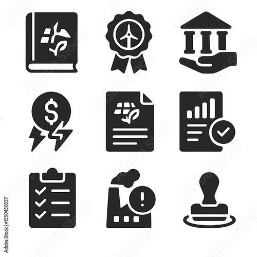 Renewable Energy Icons. Solid style icons of policy and regulation in renewable energy: clean energy law book, renewable