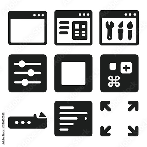 UI Solid Icons. Solid style icons of desktop application UI: desktop window icon, file explorer layout, toolbar with tools,