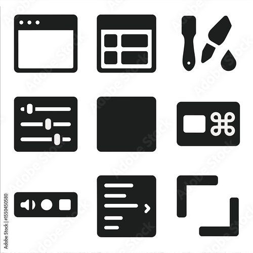 UI Solid Icons. Solid style icons of desktop application UI: desktop window icon, file explorer layout, toolbar with tools,