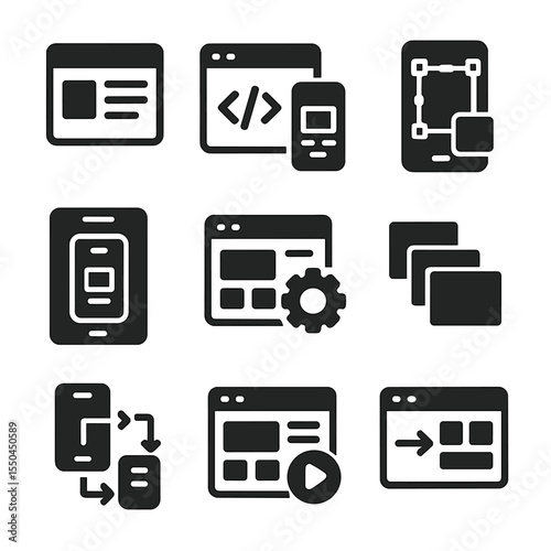 App Development Icons. Solid style icons of app development interface: wireframe icon, code and UI symbol, prototype screen icon,