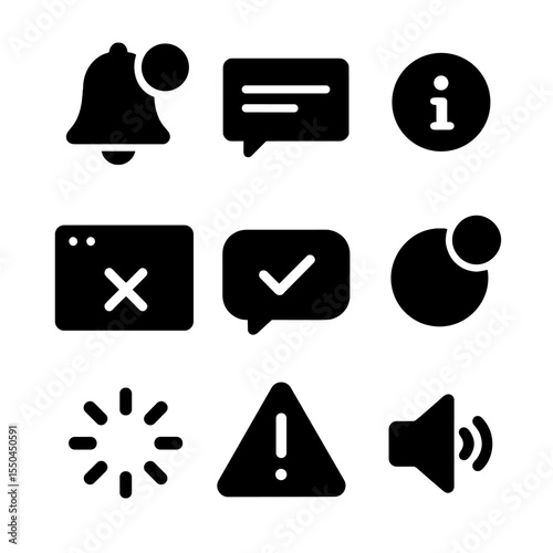 System Notification Icons. Solid style icons of system notifications: bell alert icon, popup message box, info tooltip icon, error