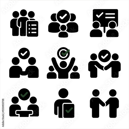 Teamwork Confirmation Icons. Solid style icons of teamwork confirmation: team checklist, group task done icon, collaborative