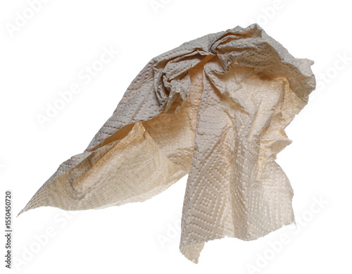 Natural brown paper kitchen towels flying, disposable, non-toxic and no dyes, crumpled and wrinkled ball isolated on white background