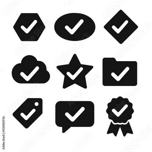 Solid Icons with Checks. Solid style icons of varied box shapes with checks: hexagon check box, oval with checkmark,
