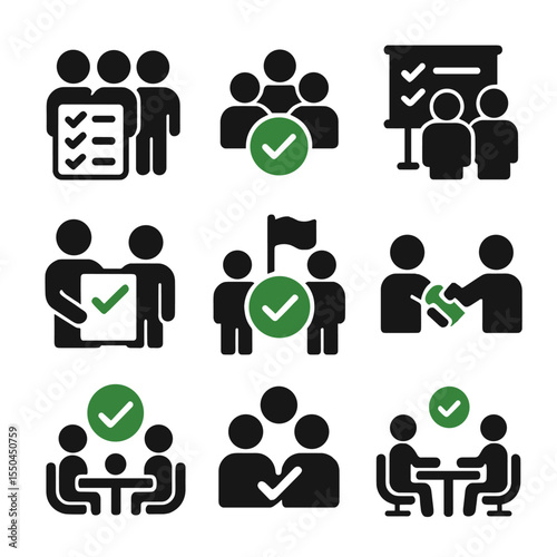 Teamwork Confirmation Icons. Solid style icons of teamwork confirmation: team checklist, group task done icon, collaborative
