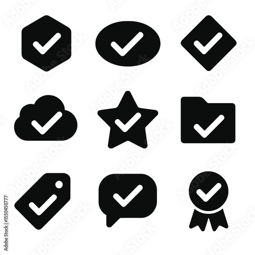 Solid Icons with Checks. Solid style icons of varied box shapes with checks: hexagon check box, oval with checkmark,