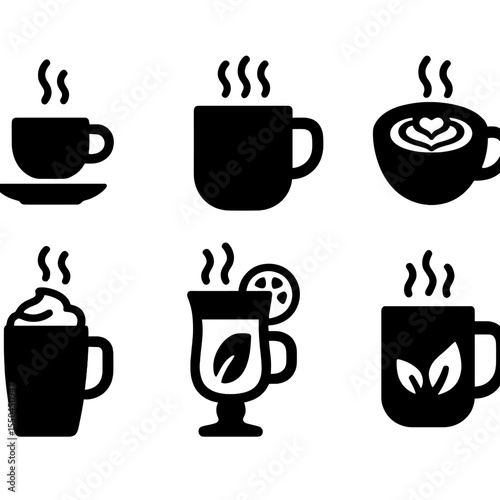 Hot Beverage Icons. Solid style icons of hot beverages: steaming espresso cup, cappuccino in mug, teapot icon, latte art icon,