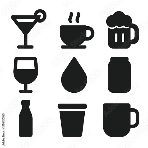 Minimal Beverage Icons. Solid vector icons of minimal drink symbols: outlined cocktail, monoline coffee cup, bold simple beer icon