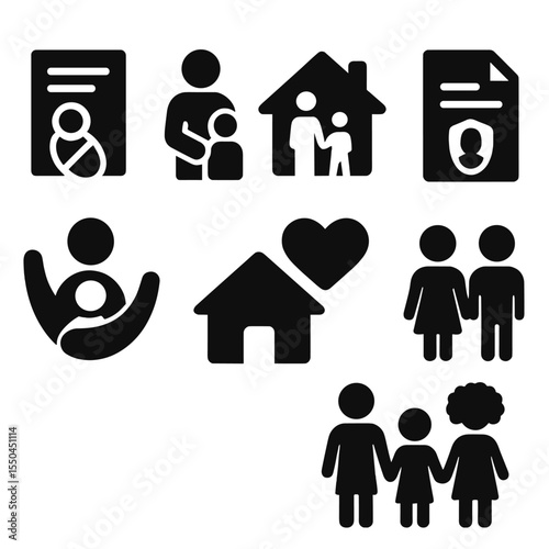 Adoption Icons Collection. Solid vector icons of adoption and guardianship: adoption certificate icon, adult with adopted child,
