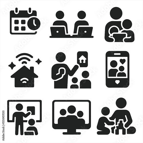 Modern Family Icons. Solid vector icons of modern family life: shared digital calendar, parents working remotely, kids on tablet