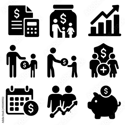 Family Financial Icons. Solid style icons of financial life in family: budgeting icon, saving jar with family, income planning