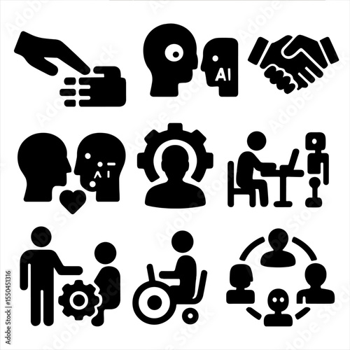 Human-AI Interaction Icons. Solid vector icons of human-AI interaction: hand touching robot hand, head-to-head AI interface, trust