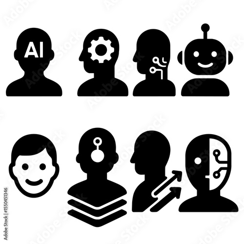 AI Identity Icons. Solid style icons of AI identity: AI avatar icon, custom profile symbol, smart assistant persona, character