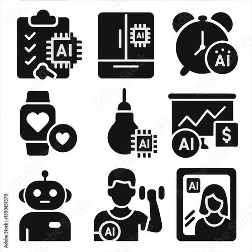 Daily AI Icons. Solid vector icons of AI in daily life: AI grocery planner, smart fridge with chip, AI alarm assistant, wearable