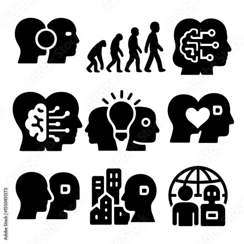 AI-Human Symbiosis. Solid vector icons of AI as part of human future: symbiosis symbol, human evolution into AI, brain expanding