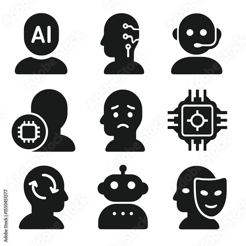 AI Identity Icons. Solid style icons of AI identity: AI avatar icon, custom profile symbol, smart assistant persona, character