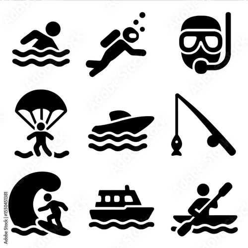 Sea Activity Icons. Solid vector icons of sea activities: person swimming in ocean, deep sea diving icon, snorkeling face,