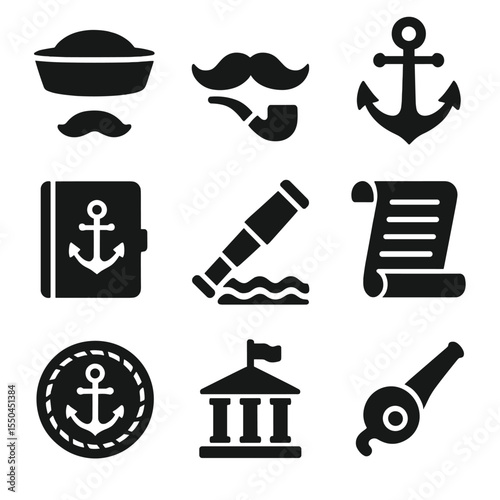 Marine Life Icons. Solid style icons of sailor and marine life: sailor hat icon, pipe and mustache, old-style anchor tattoo symbol