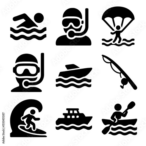 Sea Activity Icons. Solid vector icons of sea activities: person swimming in ocean, deep sea diving icon, snorkeling face,