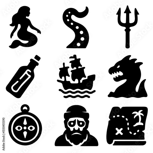 Marine Folklore Icons. Solid style icons of marine folklore and myth: mermaid silhouette, kraken tentacle icon, Poseidon trident,