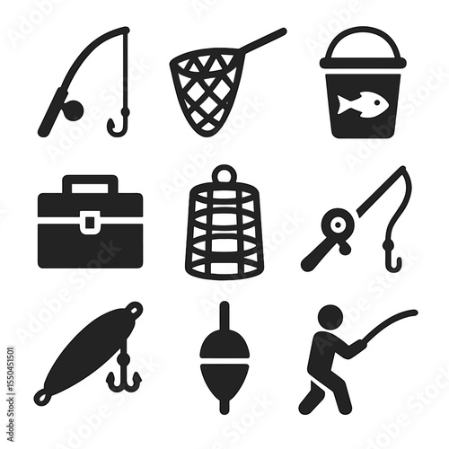 Fishing Gear Icons. Solid style icons of fishing gear and methods: fishing pole with hook, net icon, bait bucket, tackle box, fish