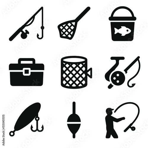 Fishing Gear Icons. Solid style icons of fishing gear and methods: fishing pole with hook, net icon, bait bucket, tackle box, fish