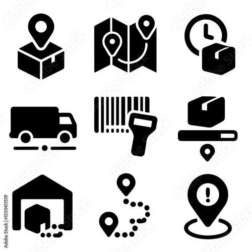 Order Tracking Icons. Solid vector icons of order tracking and logistics: GPS pin on box, shipping route map, delivery ETA clock,