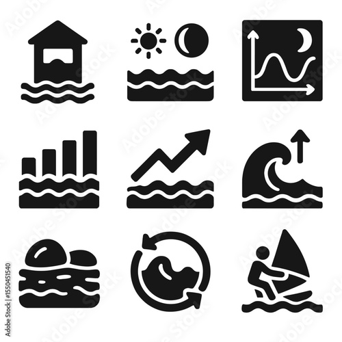 Tide and Wave Icons. Solid style icons of tide and wave science: tidal gauge icon, spring tide symbol, moon and tide chart, wave