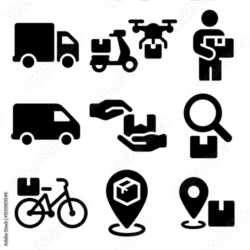 Solid Delivery Icons. Solid style icons of delivery services: delivery truck icon, scooter with parcel, drone carrying package,