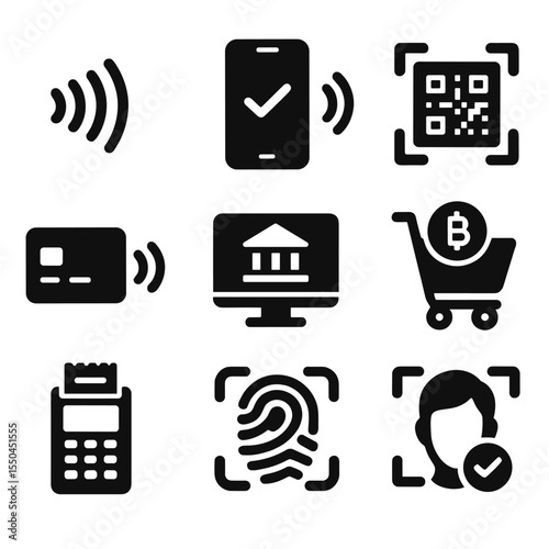 Digital Payment Icons. Solid style icons of digital payment methods: contactless payment symbol, mobile wallet tap, QR code