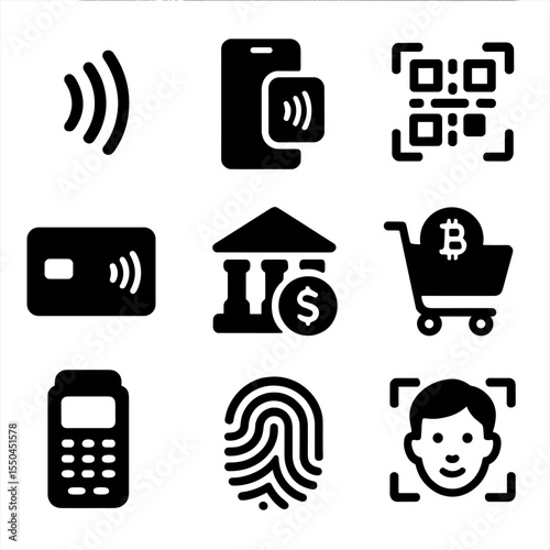 Digital Payment Icons. Solid style icons of digital payment methods: contactless payment symbol, mobile wallet tap, QR code