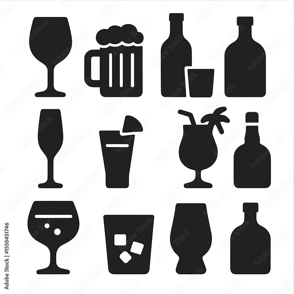 Alcohol Icon Set. Solid style icons of alcohol categories: wine glass icon, beer mug silhouette, spirits bottle and glass, Alcohol Icon Set. Solid style icons of alcohol categories: wine glass icon, beer mug silhouette, spirits bottle and glass,