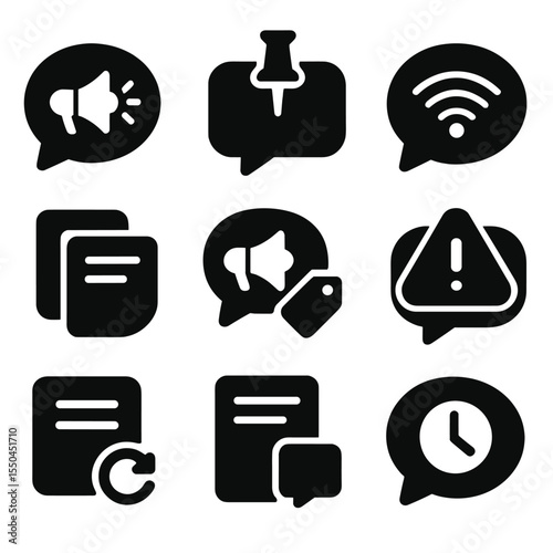 Solid Message Icons. Solid style icons of message types: announcement bubble, pinned chat icon, broadcast symbol, newsletter