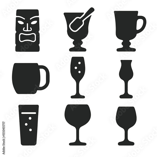 Specialty Cocktail Icons. Solid style icons of specialty cocktail styles: tiki mug silhouette, absinthe glass with spoon, Irish