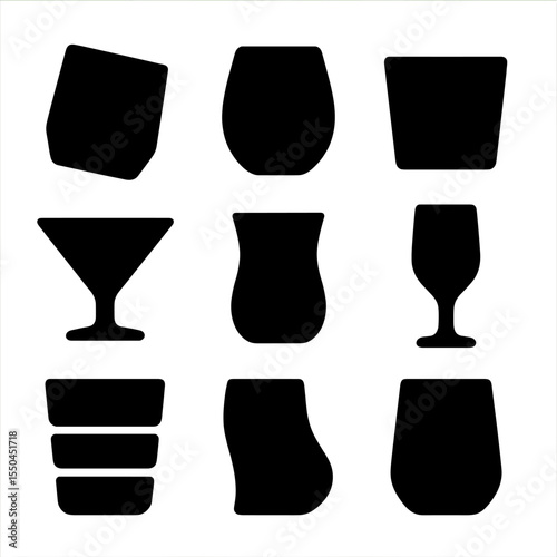 Modern Glassware Icons. Solid style icons of modern glassware shapes: angled tumbler silhouette, stemless wine glass icon,