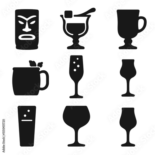 Specialty Cocktail Icons. Solid style icons of specialty cocktail styles: tiki mug silhouette, absinthe glass with spoon, Irish