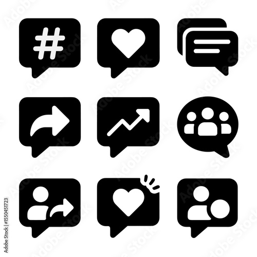 Social Media Icons. Solid style icons of social media conversations: hashtag in chat icon, likes in bubble, comment thread icon,