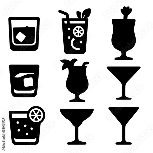 Drink Icons Collection. Solid vector icons of drinks by type: whiskey on rocks, mojito with mint, Bloody Mary with celery, Negroni