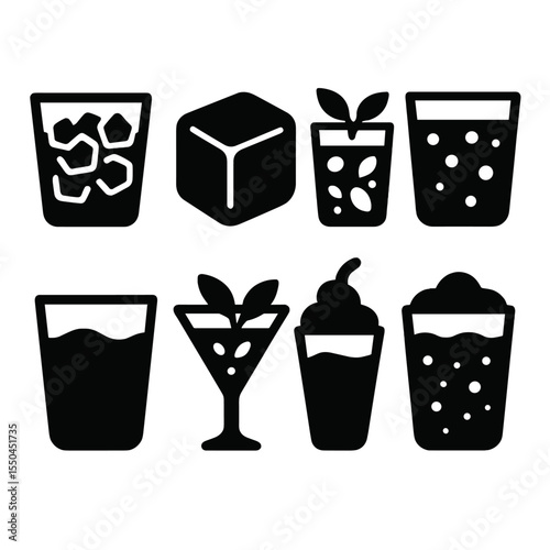 Drink Texture Icons. Solid vector icons of drink textures and contents: crushed ice in glass, clear ice cube shape, muddled fruit