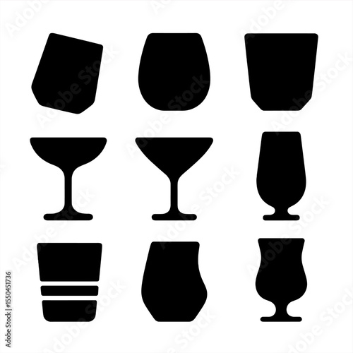 Modern Glassware Icons. Solid style icons of modern glassware shapes: angled tumbler silhouette, stemless wine glass icon,