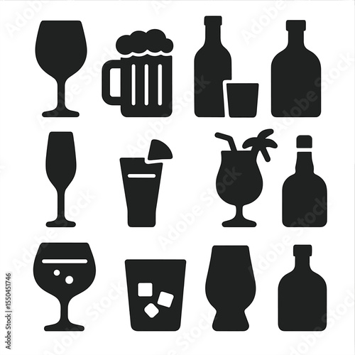 Alcohol Icon Set. Solid style icons of alcohol categories: wine glass icon, beer mug silhouette, spirits bottle and glass,