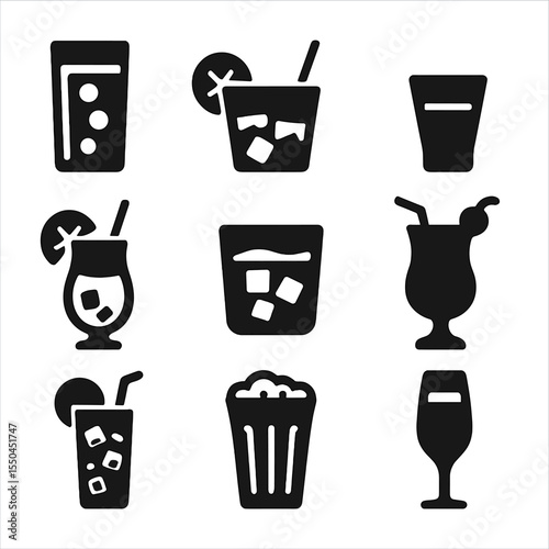 Global Drink Icons. Solid vector icons of cultural drink styles: Japanese highball glass, Brazilian caipirinha cup, Russian vodka