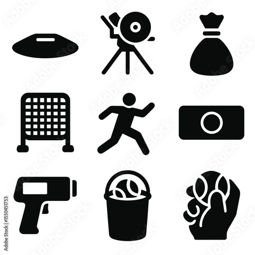 Pitching Tools Icons. Solid vector icons of pitching tools: pitcher’s mound icon, pitching machine, rosin bag, pitching net,