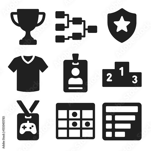 Tournament Essentials Icons. Solid style icons of tournament essentials: trophy icon, bracket chart, MVP badge, tournament jersey,