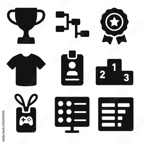 Tournament Essentials Icons. Solid style icons of tournament essentials: trophy icon, bracket chart, MVP badge, tournament jersey,