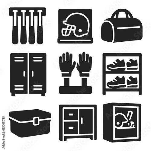 Sports Gear Icons. Solid style icons of storage and organization: bat rack icon, helmet cubby, gear bag, locker setup, glove dryer