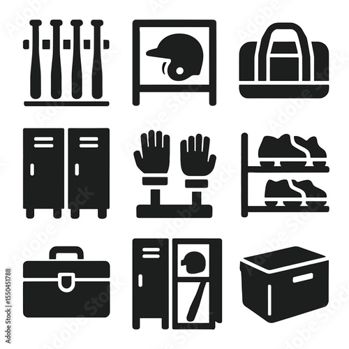 Sports Gear Icons. Solid style icons of storage and organization: bat rack icon, helmet cubby, gear bag, locker setup, glove dryer