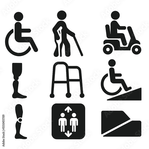 Mobility Accessibility Icons. Solid vector icons of mobility-related accessibility: wheelchair symbol, person using crutches, cane