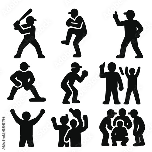 Iconic Baseball Poses. Solid vector icons of iconic baseball poses: batter in stance, pitcher in windup, catcher squatting,