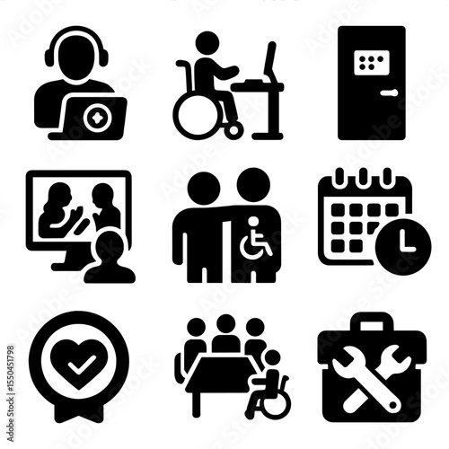 Inclusive Workplace Icons. Solid style icons of workplace accessibility: remote work with assistive tech, inclusive desk setup,